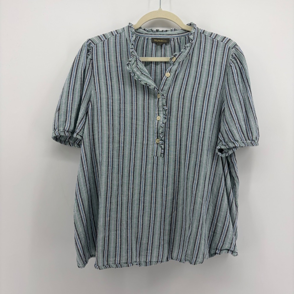 Style & Co Womens 1X Blue Striped Henley Blouse Ruffle Collar Short Puff Sleeve